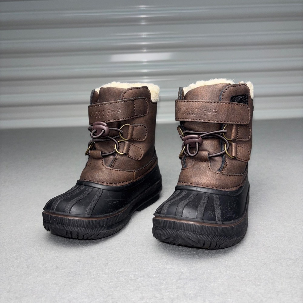 London Fog Snow Boots Kids Sz 8‎ Brown LFK Oxford faux fur lined Water Resistant